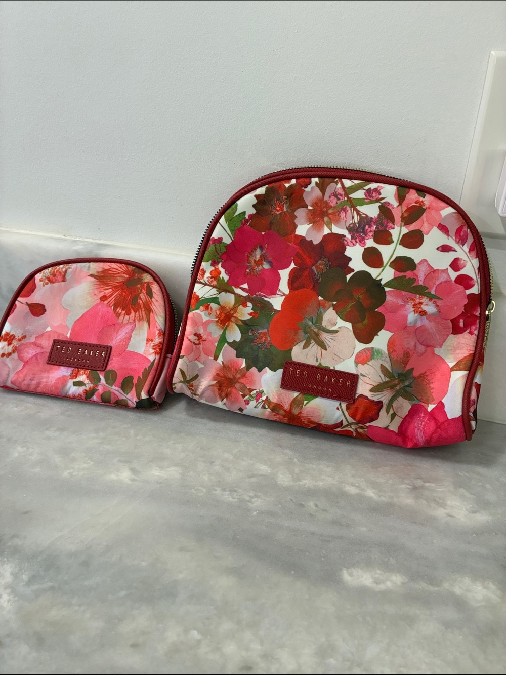 Ted Baker Red Pink Floral Zip Cosmetic Pouch Set like new.
